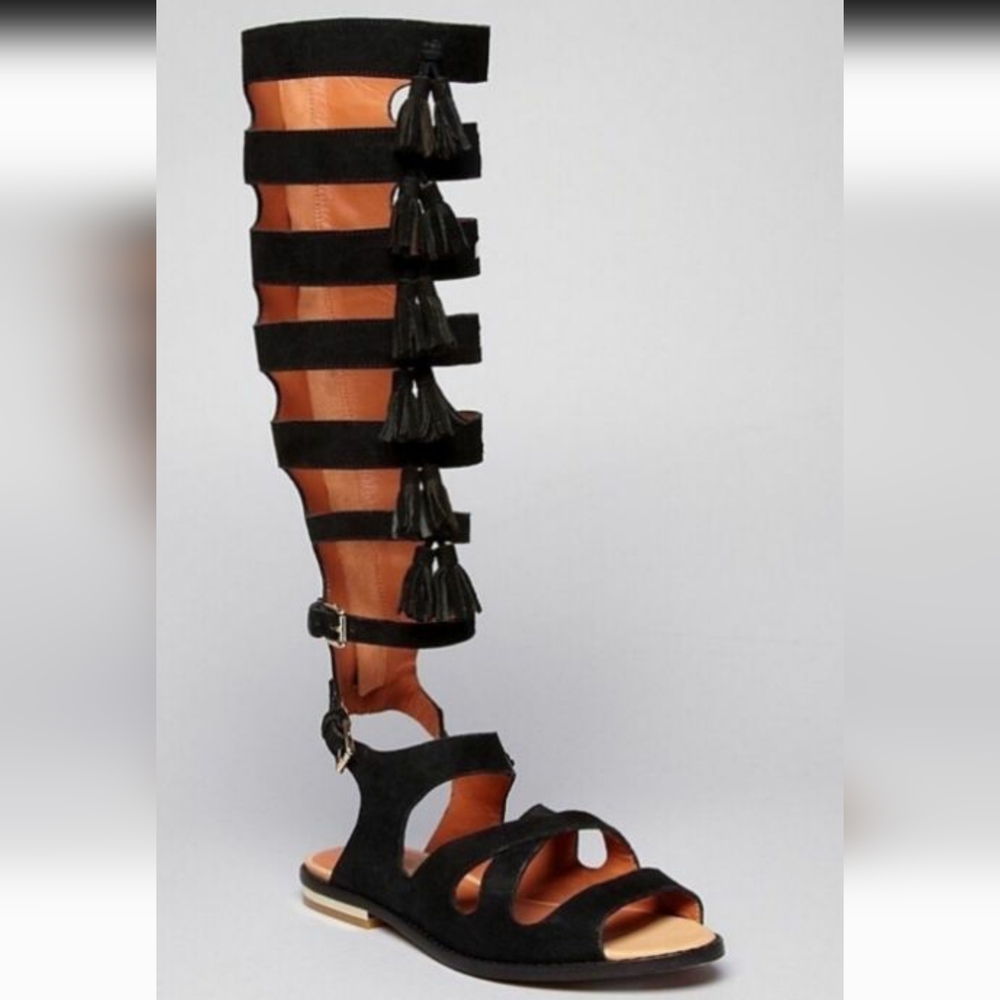 Rebecca Minkoff Women's Gladiator Summer Sandals black leather tassel fringe